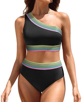 Women's One Shoulder Colorblock High Waist Bikini Set
