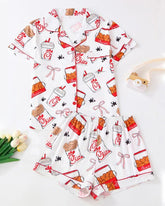 Women's Funny Fried Chicken Print Lapel Short Sleeve Shirt and Shorts Pajama Two-Piece Set