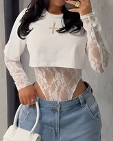 Casual Sexy Lace Bodysuit Fake Two Piece Round Neck T-shirt Top