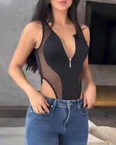 Sexy Sleeveless Zippered Mesh Bodysuit