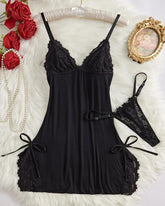 Sexy Bow Decorated Contrast Lace Suspender Nightdress Nightdress and Thong Set
