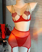 Sexy Metal Chain Suspender Heart Wire Ring Mesh See-through Pajama Set