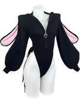 Women's Sexy Cosplay Knitted Bunny Ears Zipper Bodysuit