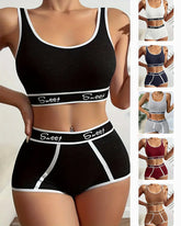 Yoga Letter Tape Contrast Bra and Boxer Briefs Casual Sports Set