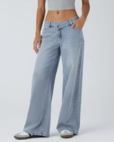 Asymmetric Low-Rise Zipper Pocket Loose Wide-Leg Washed Jeans