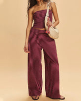 Women's Striped Print Casual Short Tube Top Wide-leg Pants Suit