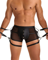 Men's SM Sexy Hidden Button PU Leather See-through Boxer Briefs