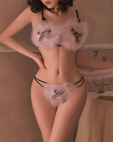 Leopard Print Feather Three-Piece Lingerie Set with Headband and Tail
