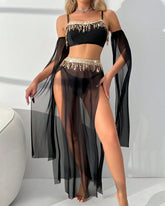 Sexy See-Through Mesh Rhinestone Tassel Embellished Chain Lingerie Set