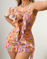 Printed Lace-Up Cutout Lingerie Nightdress