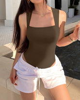 Women's Square Neck Sleeveless Knit Ribbed Vest Bodysuit