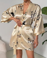 Elegant Champagne Satin Butterfly Print Kimono Robe