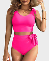 Conjunto de Bikini de Cintura Alta con Control de Abdomen y Hombros con Doble Lazo