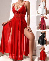 Sexy Lace Deep V Pearl Embellished See-through High Slit Long Slip Nightgowns