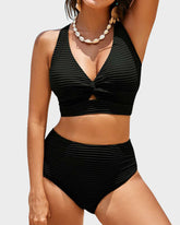 Conjunto de bikini de talle alto con nudo delantero texturizado