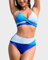 Twisted Front Color-Block High Waist Bikini Set