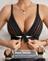 Sexy Deep V-neck Striped Mesh Paneling Front-closure Bra