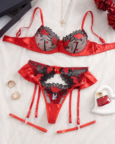 Floral Embroidery See-Through Mesh Colorblock Lingerie Set