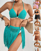 Hand-crocheted Shell-decorated Tassel Skirt and Bikini Top Two-piece Set