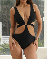 Solid Color Deep V-neck Hollowed-out Sexy One-piece Swimsuit