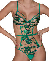 Green Sexy Floral Embroidered Sheer Mesh Bodysuit
