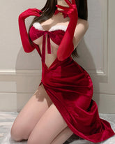Christmas Bunny Sexy Velvet High-slit Long Lingerie Dress