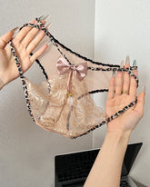 Leopard Print Lace Patchwork Mesh See-through Cutout Bell Bow Decoration Panties