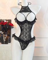 Sexy Halter Neck Floral Lace See-through Cutout Bust Bodysuit Lingerie