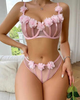 Pink 3D Flower Mesh Splicing See-Through Underwire Sexy Lingerie Set