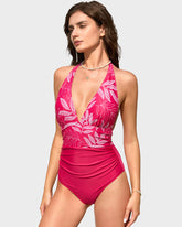Traje de baño de una pieza con escote en V profundo, cuello halter y espalda descubierta