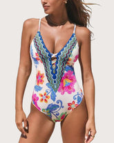 Beach Vacation Bohemian Floral Colorblock Print Low-cut Slim One-piece Tummy-control Swimsuit