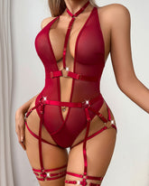 Sexy Holder Backless Metallic Strap See-Through Mesh Bodysuit
