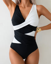 Beach Vacation Deep V Colorblock Cross-Strap One-Piece Swimsuit