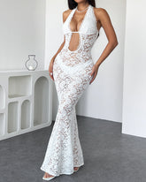 Beach Vacation Sexy Cutout Halter Neck See-through Lace Long Dress