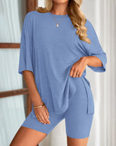 Women's Two-Piece Casual Sports Loose Shirt Cycling Shorts Suit