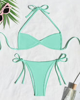Sexy Solid Color Halter Neck Mini Pleated Beach Bikini
