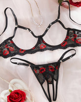 Sexy Lace Red Lip Print Cut-out Bra and Open-crotch Thong Lingerie Set