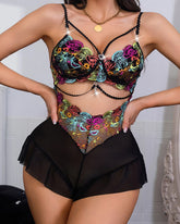 Sexy Semi Transparent Mesh Colorful Floral Embroidery Bodysuit