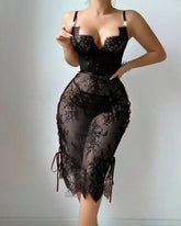 Sexy Flower Lace Hollow See-Through Side Strap Long Suspender Dress