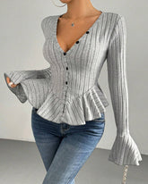 V-neck Ruffled Slim-fit Flared Long-sleeve Stretchy Knit Top