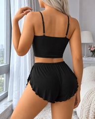 2-Piece Ribbed Cami Top & High Side Slit Ruffle Shorts Lounge Set
