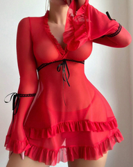 Sexy Sheer Mesh Ruffle Long Sleeve Babydoll Lingerie
