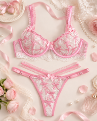 Floral Lace Underwire Bra and Strappy Thong Lingerie Set