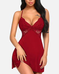 Camisón Babydoll Teddy de Lencería con Abertura y Ribete de Encaje