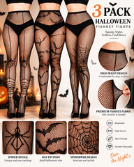 3 Pairs Halloween Sexy Spider Bat Web Fishnet Sheer Pantyhose