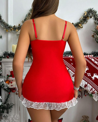 Christmas Corset Mini Lingerie Dress with Lace-Up Sides and Ruffle Hem