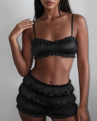 Satin Ruffle Pajama Set Ruched Cami Crop Top & Shorts Two-Piece Sleepwear