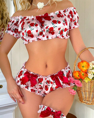 Rose Print Ruffle Lingerie Set with Thigh Garter