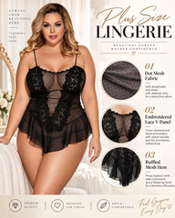 Plus Size Floral Lace Mesh Ruffle Babydoll Lingerie