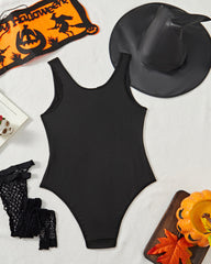Halloween Cosplay Skull Print Bodysuit with Fishnet Stockings Hat Three-Piece Set